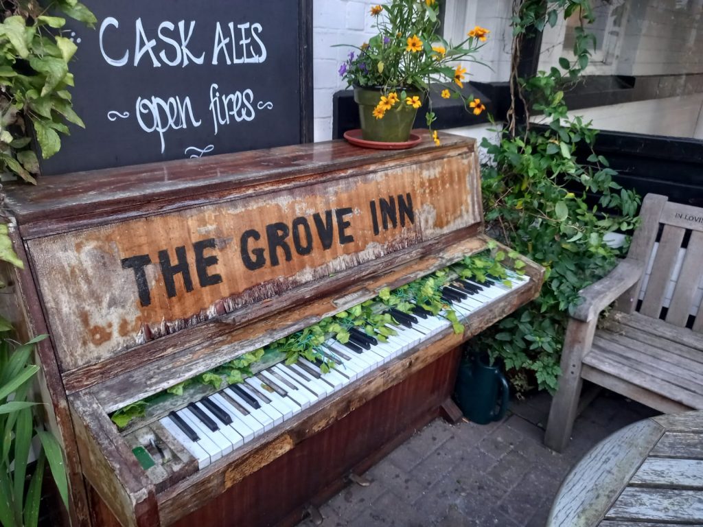An old piano in the beer garden at The Grove Inn, Leeds